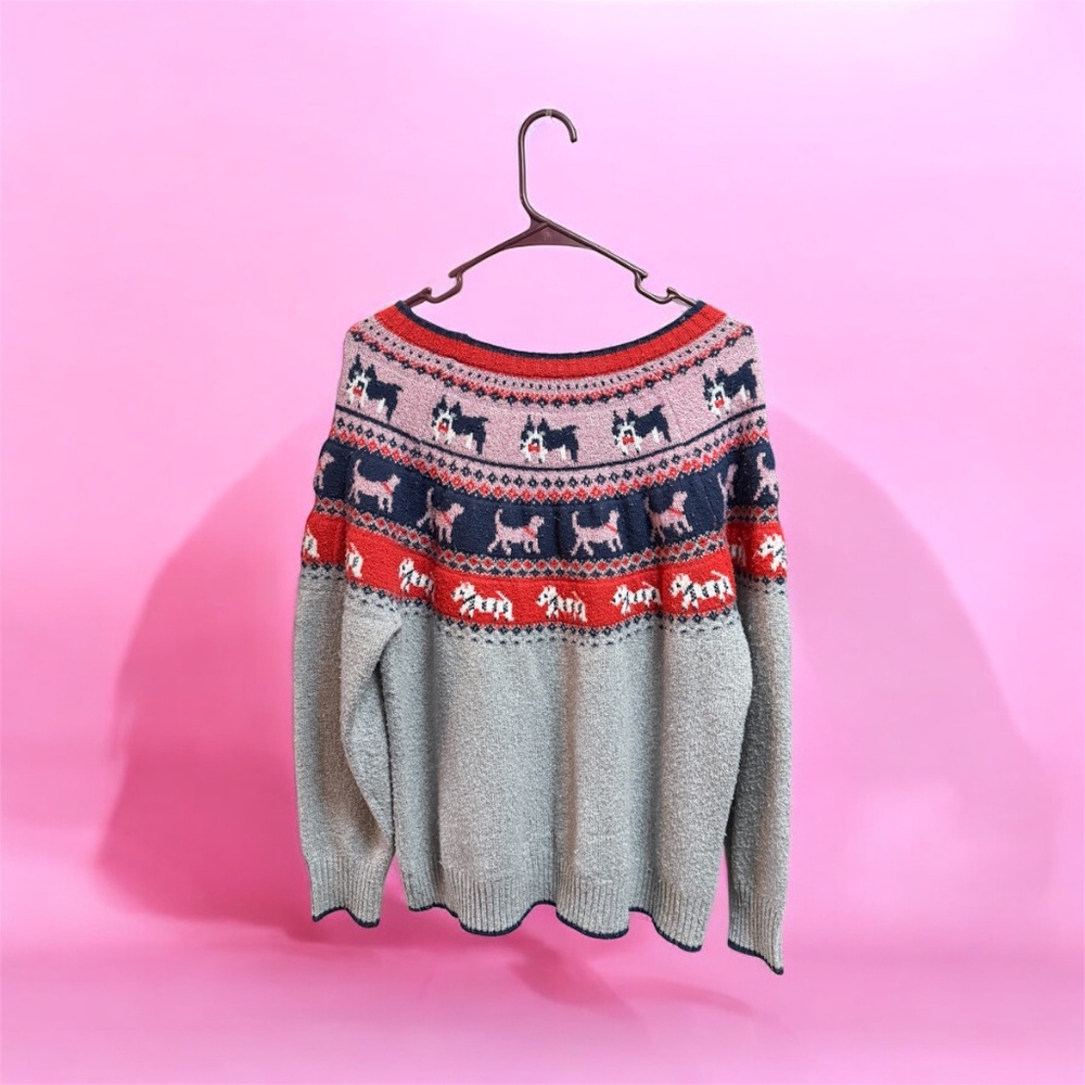 Holiday Time Dog Theme Pullover Long Sleeved Sweater Size XL Gray Pink Blue Red - Picture 2 of 4